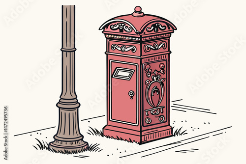59 red, vintage, metal, mailbox, ornate, decorative, retro, antique, outdoor, mail, post, steel, post box, post office