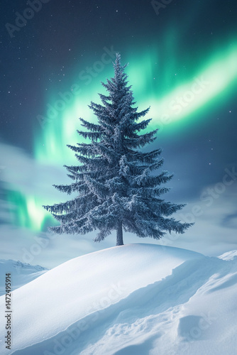Isolated pine tree on snowy slope under northern lights 32k, full ultra hd, high resolution