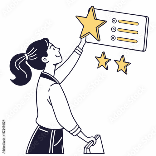 Profile of a young woman giving a rating with stars, symbolizing customer feedback and satisfaction