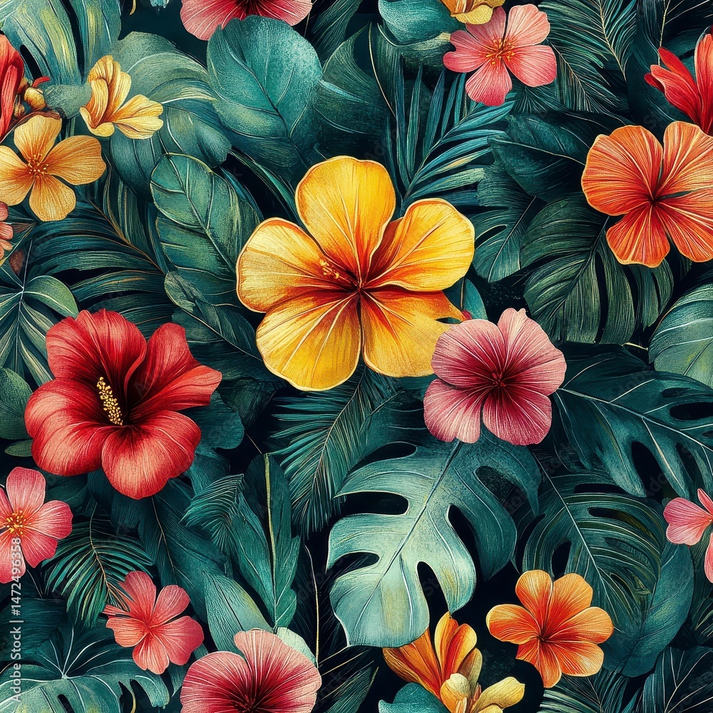 custom made wallpaper toronto digitalA vibrant floral pattern featuring striking hibiscus flowers in shades of red, yellow, and pink, interwoven with lush green tropical leaves. The bold and exotic composition captures the essence of a t