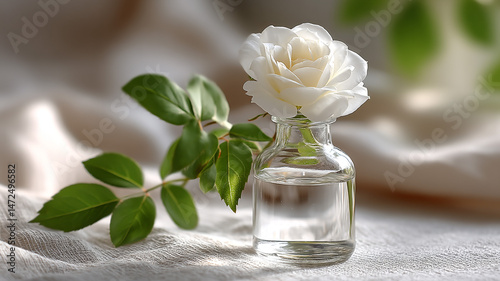 Ivory rose in water-filled bottle on linen fabric 32k, full ultra hd, high resolution