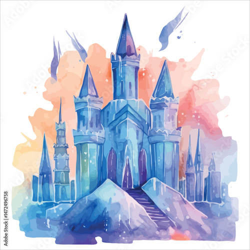 Enchanting cartoon fairytale castle with a pink tower and flag under a fantasy night sky, a perfect illustration of a princess's medieval kingdom