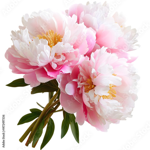 Fototapeta Naklejka Na Ścianę i Meble -  light pink peonies flowers bouquet with green leaves arrangement PNG On Transparent Background