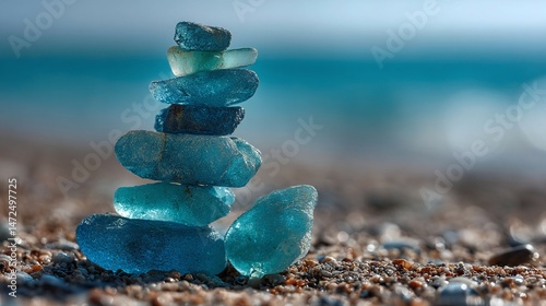 Stack of sea glass on sand with ocean background in soft focus.