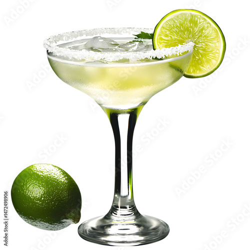 margarita cocktail glass with lime slice green drink alcoholic beverage PNG On Transparent Background photo