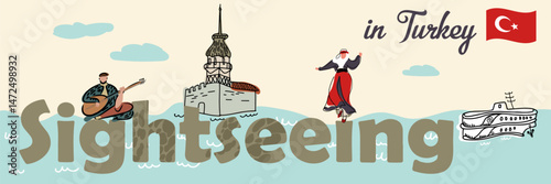 Text sightseeing in Turkey. The concept of Turkey, Istanbul, Turkish landmarks. Hand drawn vector line illustration.