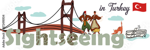 Text sightseeing in Turkey. The concept of Turkey, Istanbul, Turkish landmarks. Hand drawn vector line illustration.