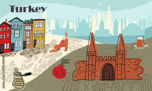 A collage with colorful art of Turkey, Istanbul, Turkish landmarks. Hand drawn vector line illustration.