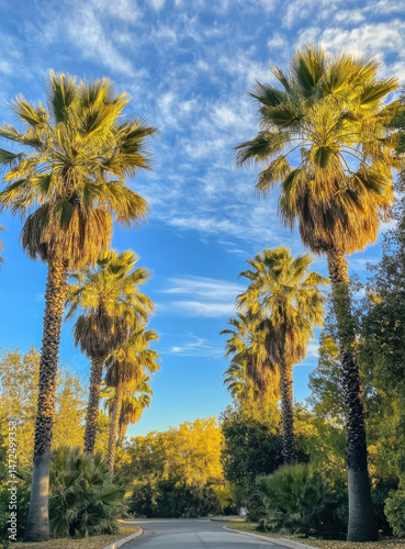 Sunlit palm trees line a residential road, creating a picturesque, tropical-like avenue under a vibrant blue sky with fluffy clouds. : Generative AI