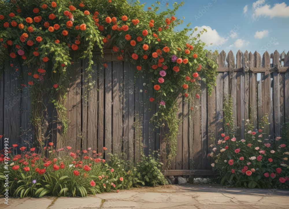 Obraz premium Distressed fence panels, lush climbing vines, vibrant flowers, antique border elements , design, nature, spring
