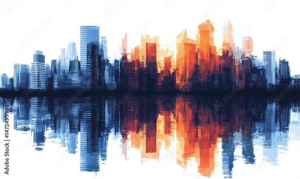 Fototapeta premium Urban skyline reflected in water, abstract impressionistic cityscape