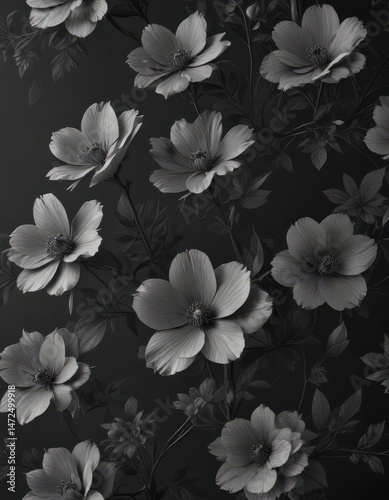 Subtle charcoal floral wallpaper  Delicate blooms on a dark background , dark, apartment, elegant