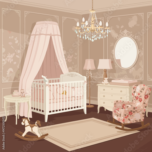 Nursery Interior with Crib, Rocking Chair, and Elegant Chandelier