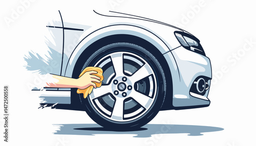 Cleaning car tire and rim with cloth, modern detailing process
