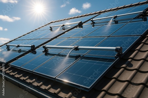 Self-Cleaning Solar Panels Installed on Rooftop with Reflective Glass Surface Under Bright Sunlight

