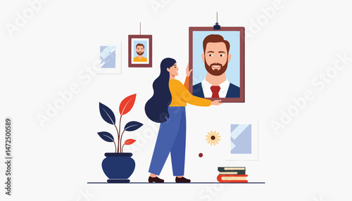 Client admiring a portrait in cozy decor, nostalgia and appreciation