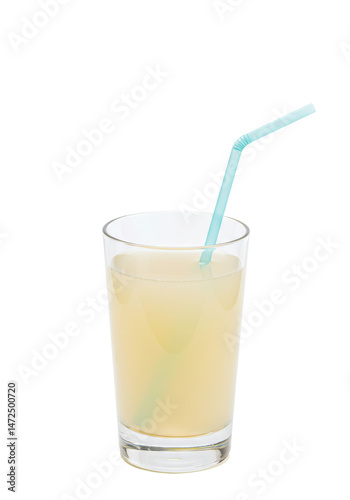 A tall glass with liquid and straw on an isolated black background, drink is refreshing