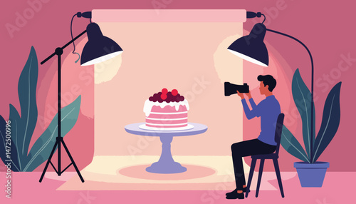 Product photographer capturing cake in studio setup, creative artistry