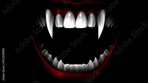 A dramatic close-up of a vampire's mouth with sharp fangs and red lips