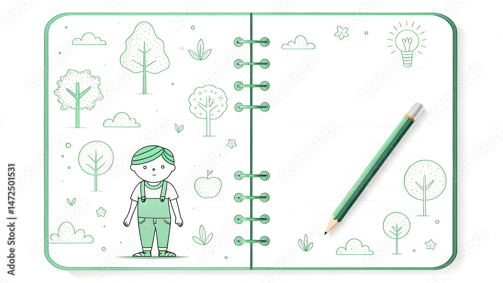 Obraz premium notebook doodles Notebook illustration featuring nature doodles and a character with a pencil.