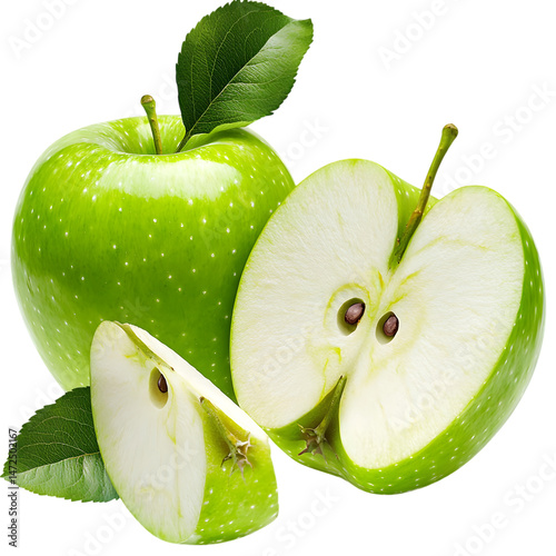 Sliced green apple fruit showing seeds inside healthy fresh snack PNG On Transparent Background