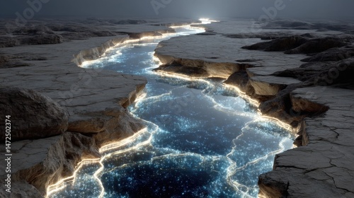 a holographic river flowing across dry cracked earth, visualizing digital water scarcity 
