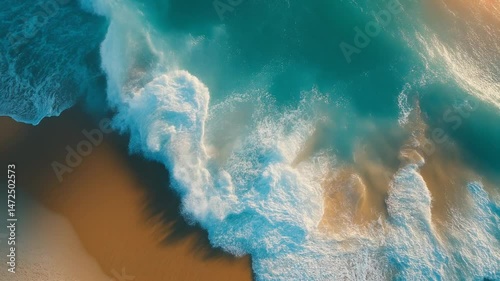 Aerial view of turquoise sea waves crashing on a sandy beach, foamy white water swirling, top-down cinematic drone shot, 4K ultra realistic, sunlight reflections