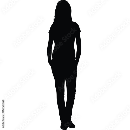 Black silhouette of a casual woman standing with hands in pockets.