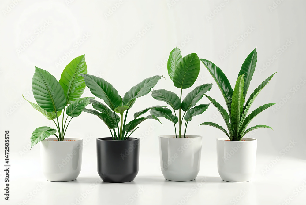 Obraz premium Row of Four Potted Green Plants in White and Black Pots, Displaying a Variety of Leaf Shapes and Textures Against a Clean Background 