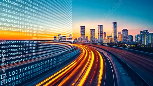 Futuristic cityscape at twilight with illuminated skyscrapers, light trails on a highway, and a digital binary code overlay