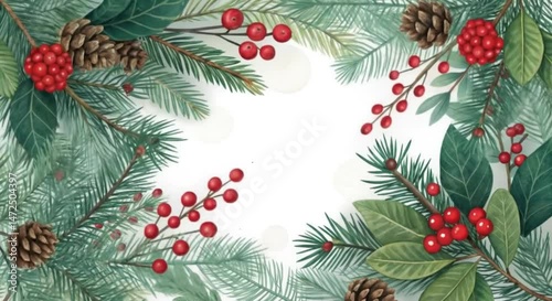Festive winter foliage and berries arranged in a border with a blank middle space copy space