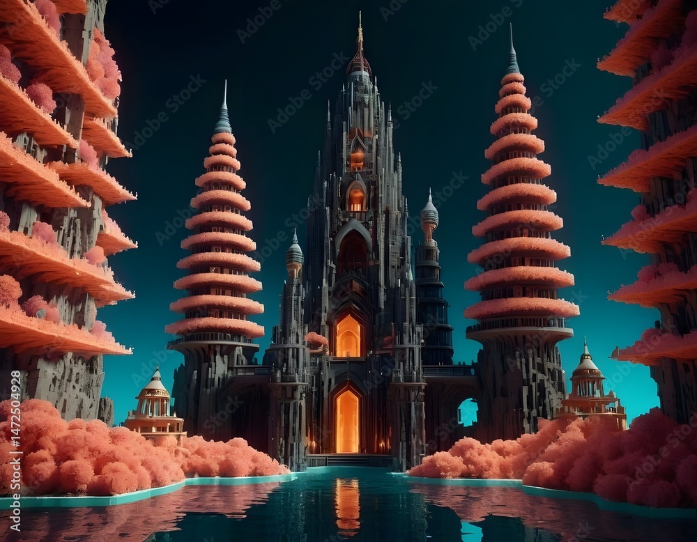Obraz premium Fantasy Castle Landscape with Water Reflection