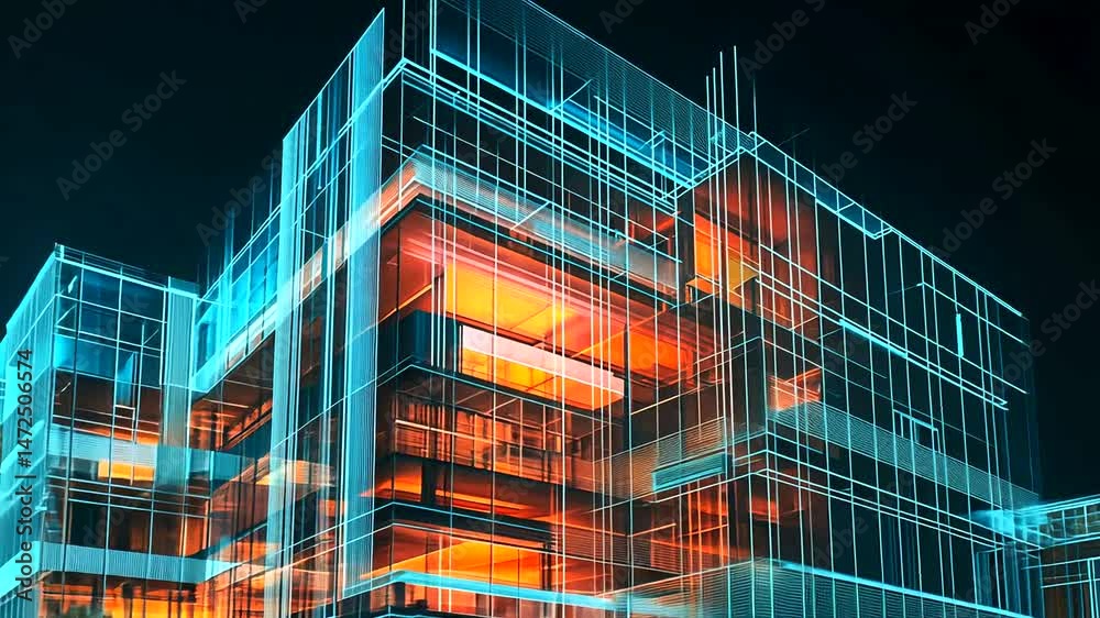Futuristic building illuminated by glowing blue structural lines and warm internal orange light against a dark background