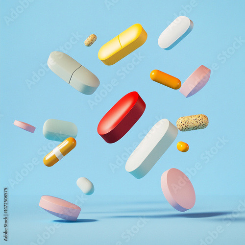 Levitating and reclining tablets of different shapes and colors on a blue background