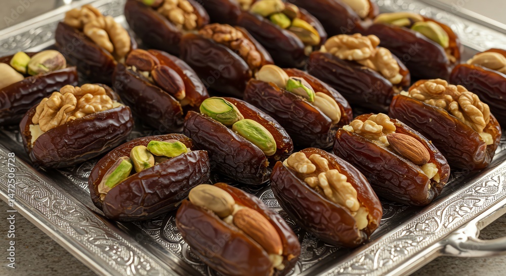 Obraz premium Stuffed dates with nuts on silver tray