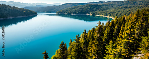 vista panoramica di lago d'altura circondato da boschi di conifere photo