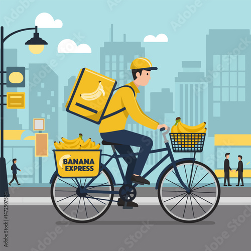 Person Cycling Delivering Bananas in Cityscape with Delivery Backpack