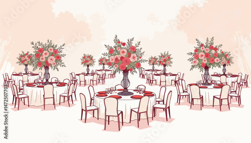 Elegant wedding reception with vibrant floral centerpieces, celebration