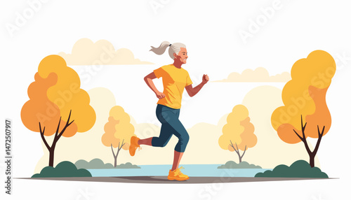 Senior woman jogging in a park during morning light, healthy lifestyle
