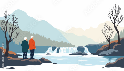 Elderly couple admiring waterfall in serene landscape, timeless love