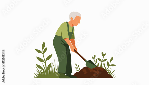 Happy elderly man gardening with a shovel, nurturing nature