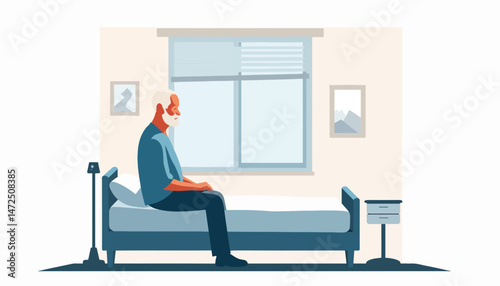 Elderly man reflecting in hospital room, solitude and serenity