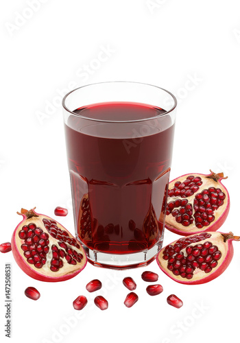 Red pomegranate juice in a clear glass surrounded by pomegranate halves and scattered seeds