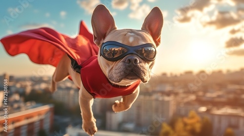 Photograph of a superhero French bulldog soaring through the sky with a red cape and sunglasses.