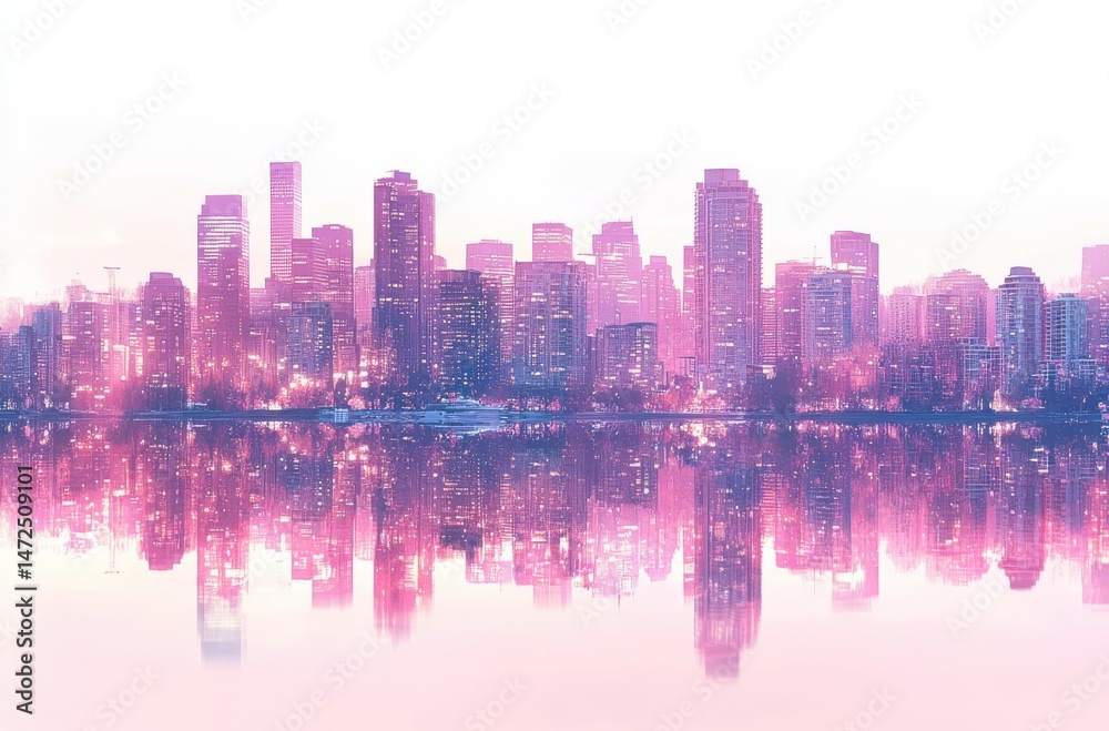 Fototapeta premium Dreamy Pink Cityscape Reflection at Dawn