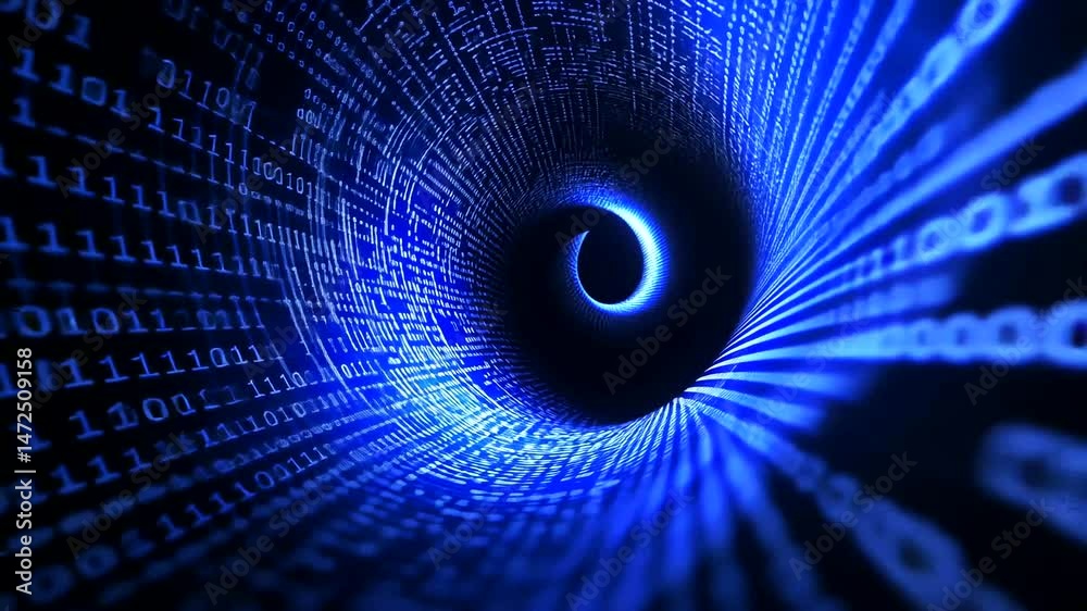 Glowing blue binary code swirls into a digital vortex, representing data flow or cyberspace