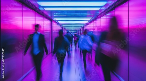 Blurred figures moving through a vibrant, neon corridor.