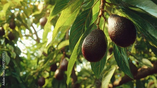 Looking up at ripe avocados hanging on a tree in natural light