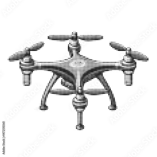Drone, Halftone, Vintage comic book style, Black and white dotted line, Dynamic perspective, High contrast, Retro-futuristic aesthetics, For screen printing or poster making.