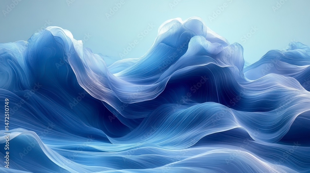 Fototapeta premium Abstract rendering of flowing, translucent blue waves against a gradient sky background